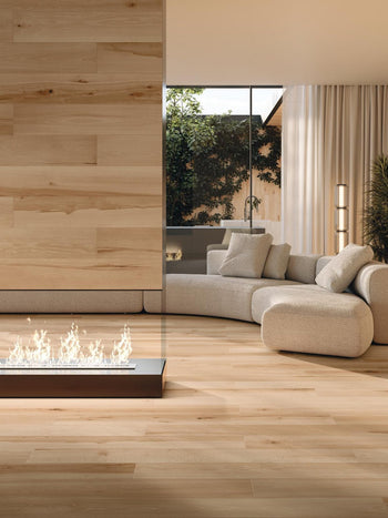 Heritage wood-look porcelain tile living room