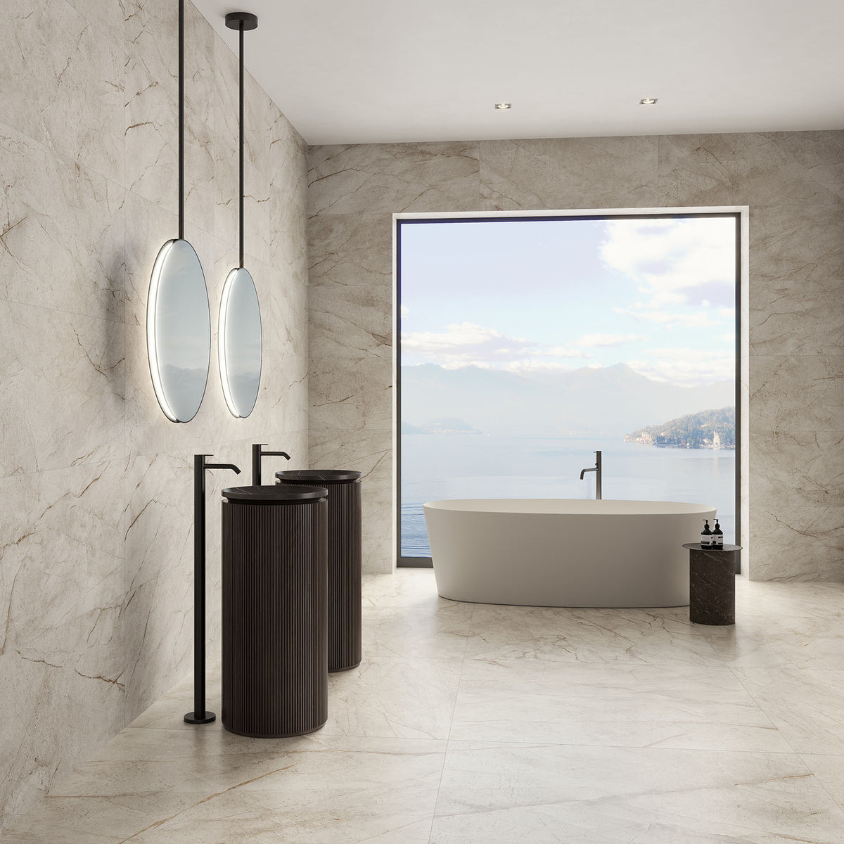Relativa Atacama Gris porcelain slab installed in a room setting