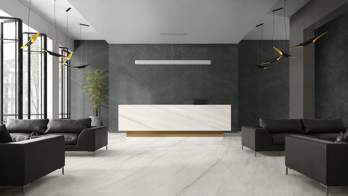 Relativa Bianco Lasa porcelain slab installed in a room setting