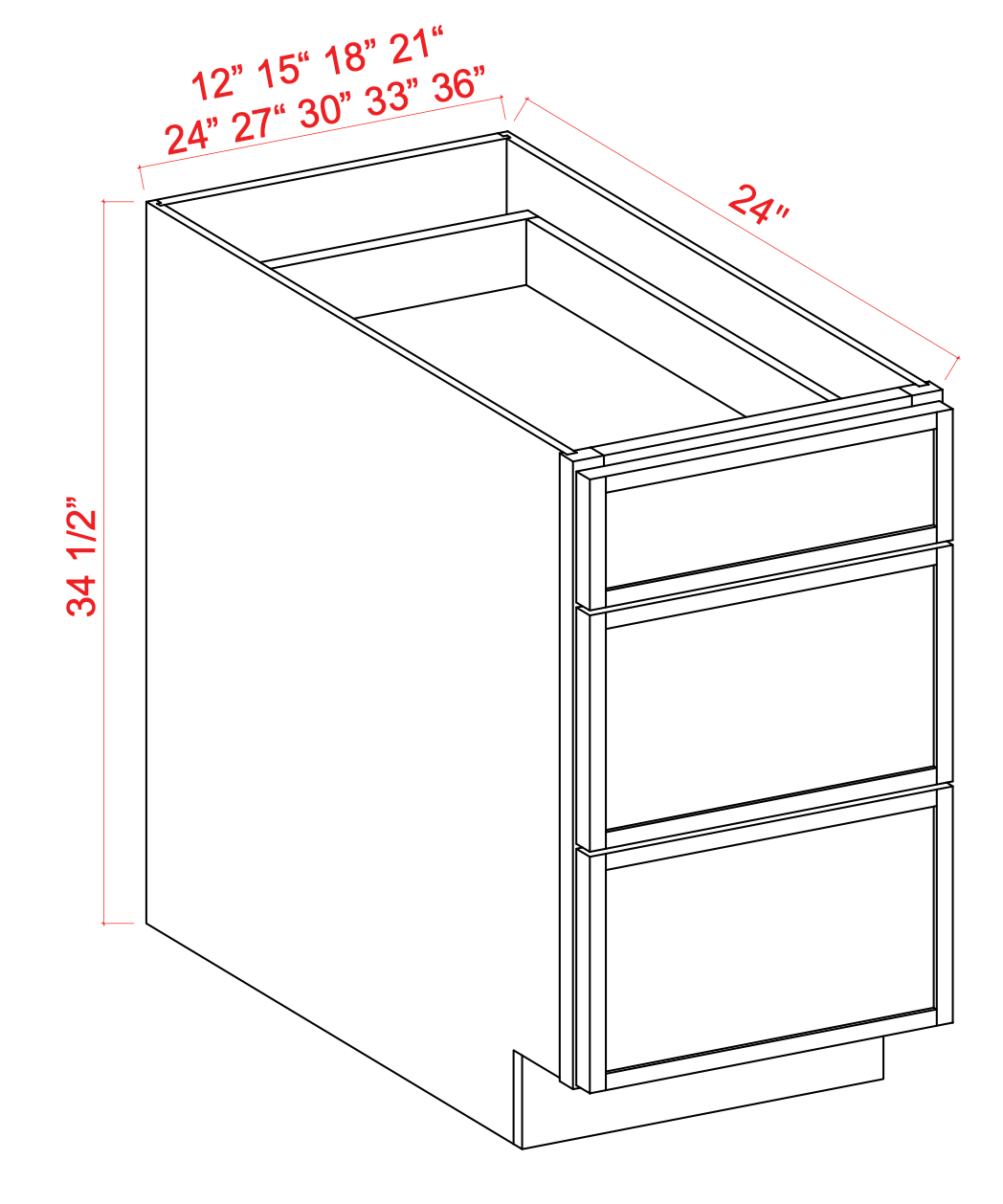 3 Drawer Base Cabinet 12"-36" - Shaker Slim - Cabinet Sales Center