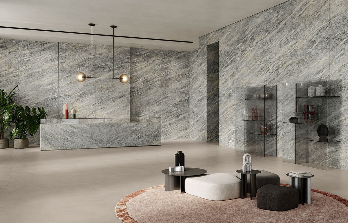 Relativa Cielo Quartzite porcelain slab installed in a room setting