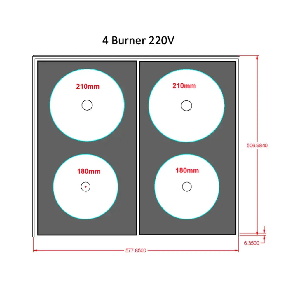 Invisacook 4 burner (2+2 layout) dimensions and cut-out drawing