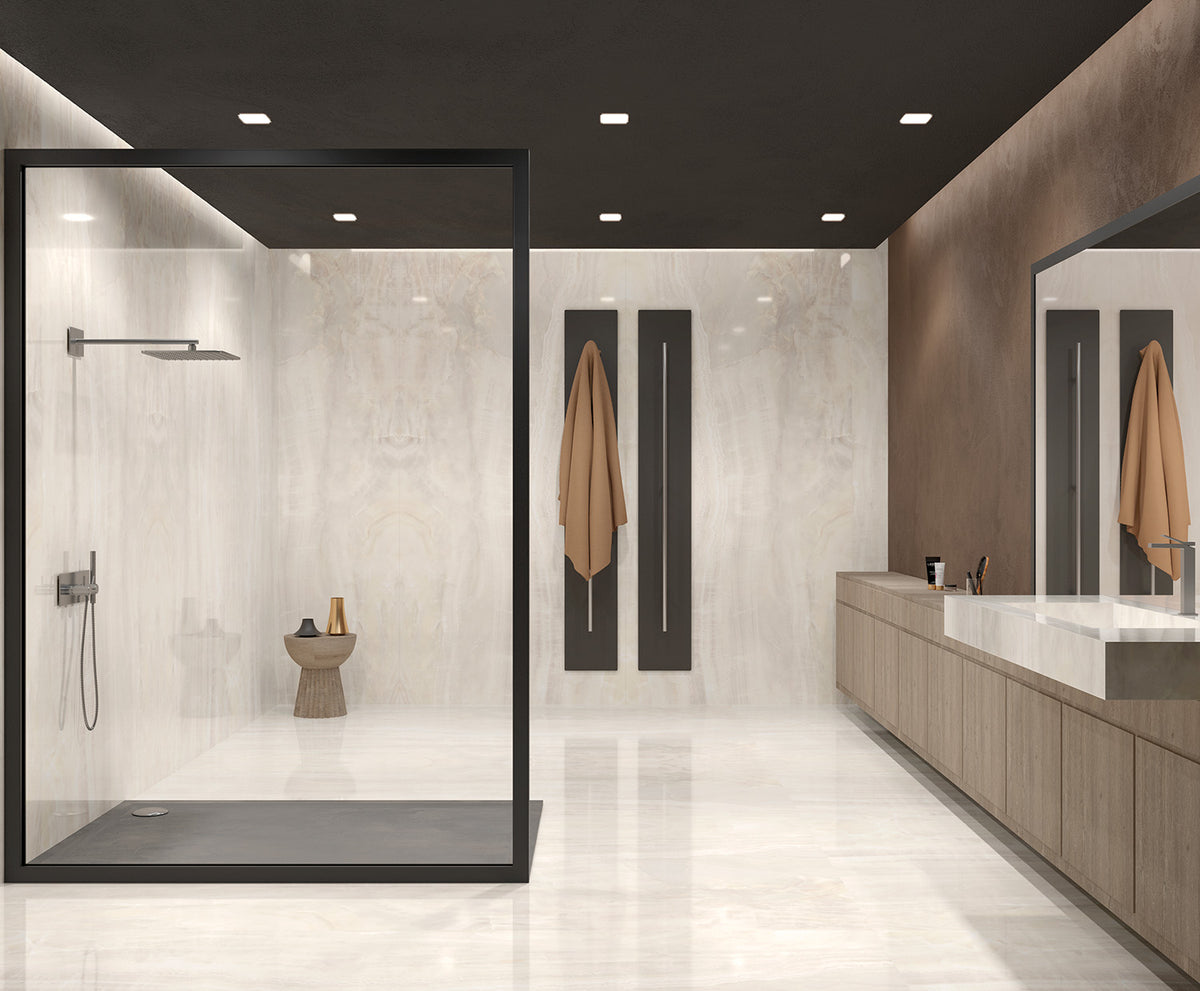 Relativa Ivory Onyx porcelain slab installed in a room setting