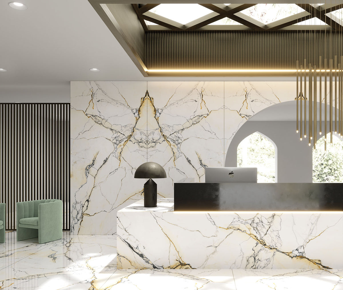 Relativa Paonazzetto porcelain slab installed in a room setting