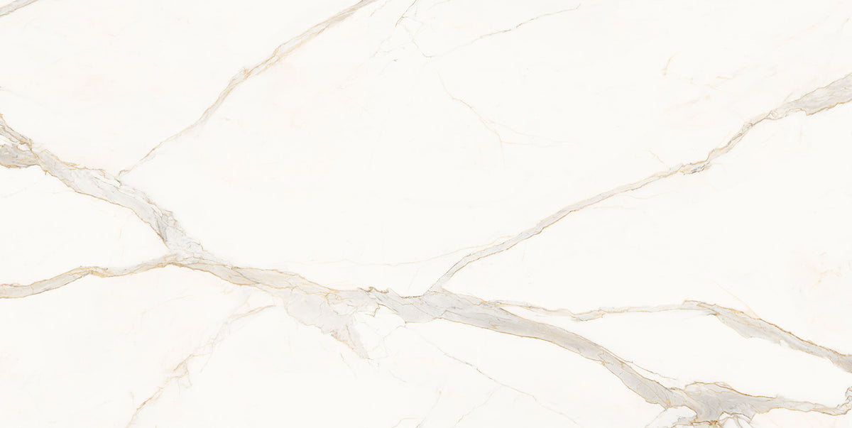Relativa Calacatta Gold porcelain slab, 1/2 inch honed finish