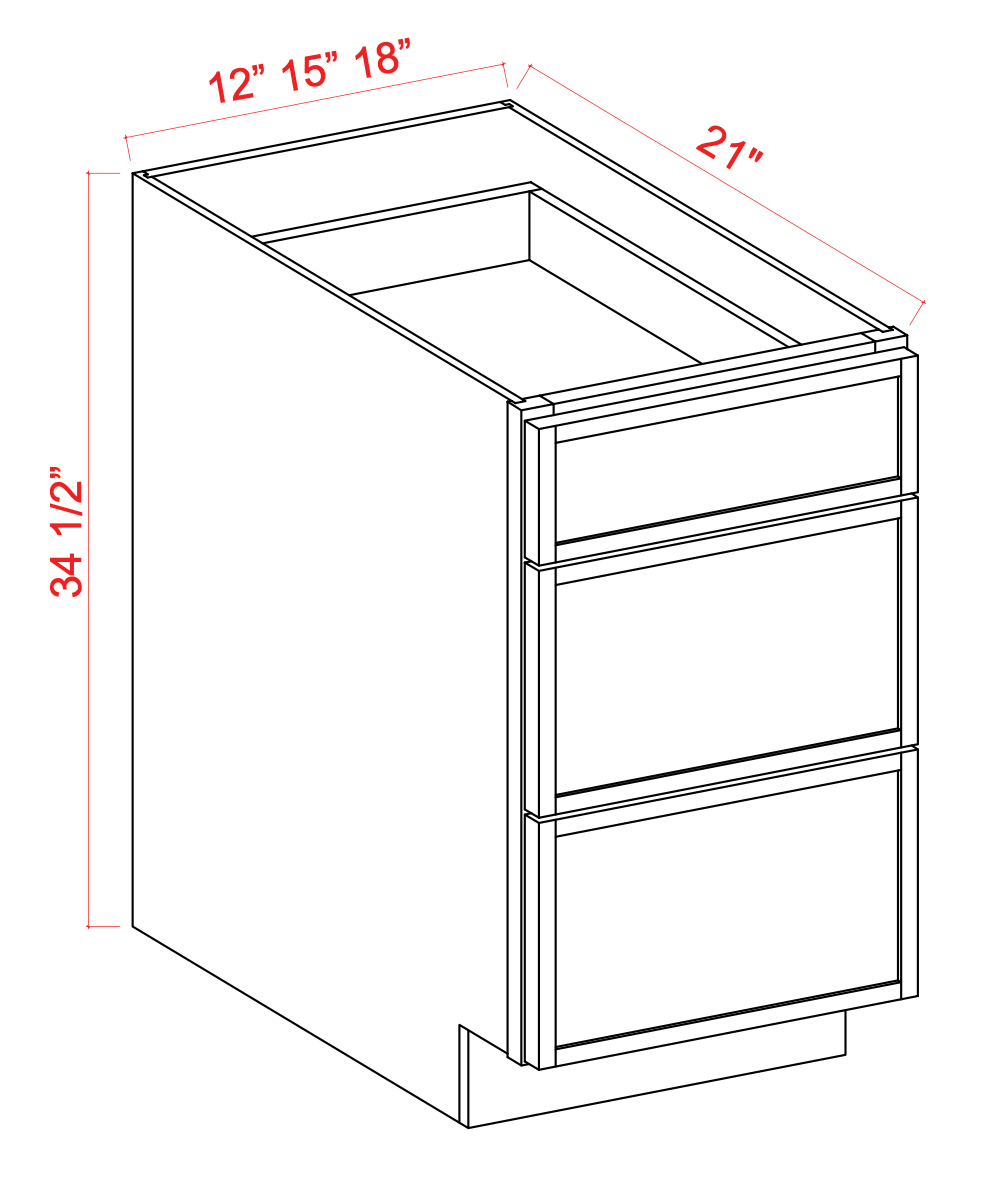Vanity Three Drawer Base Cabinet - Shaker Slim