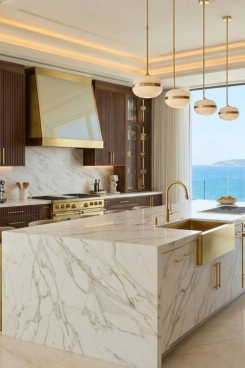 Calacatta Amarillo Printed Quartz countertops in a kitchen
