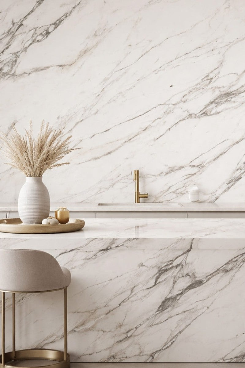 Calacatta Itali Printed Quartz countertops in a kitchen