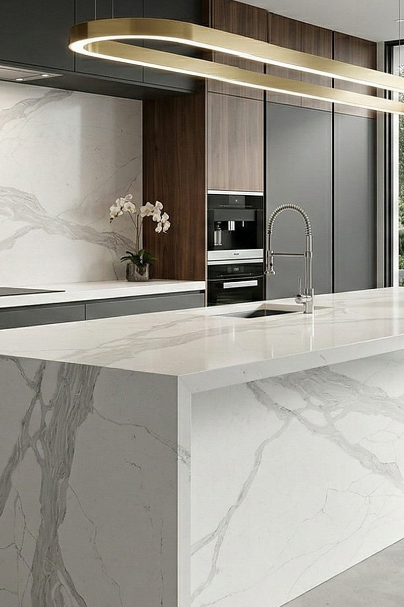 Calacatta Pyrenees Quartz countertops in a kitchen