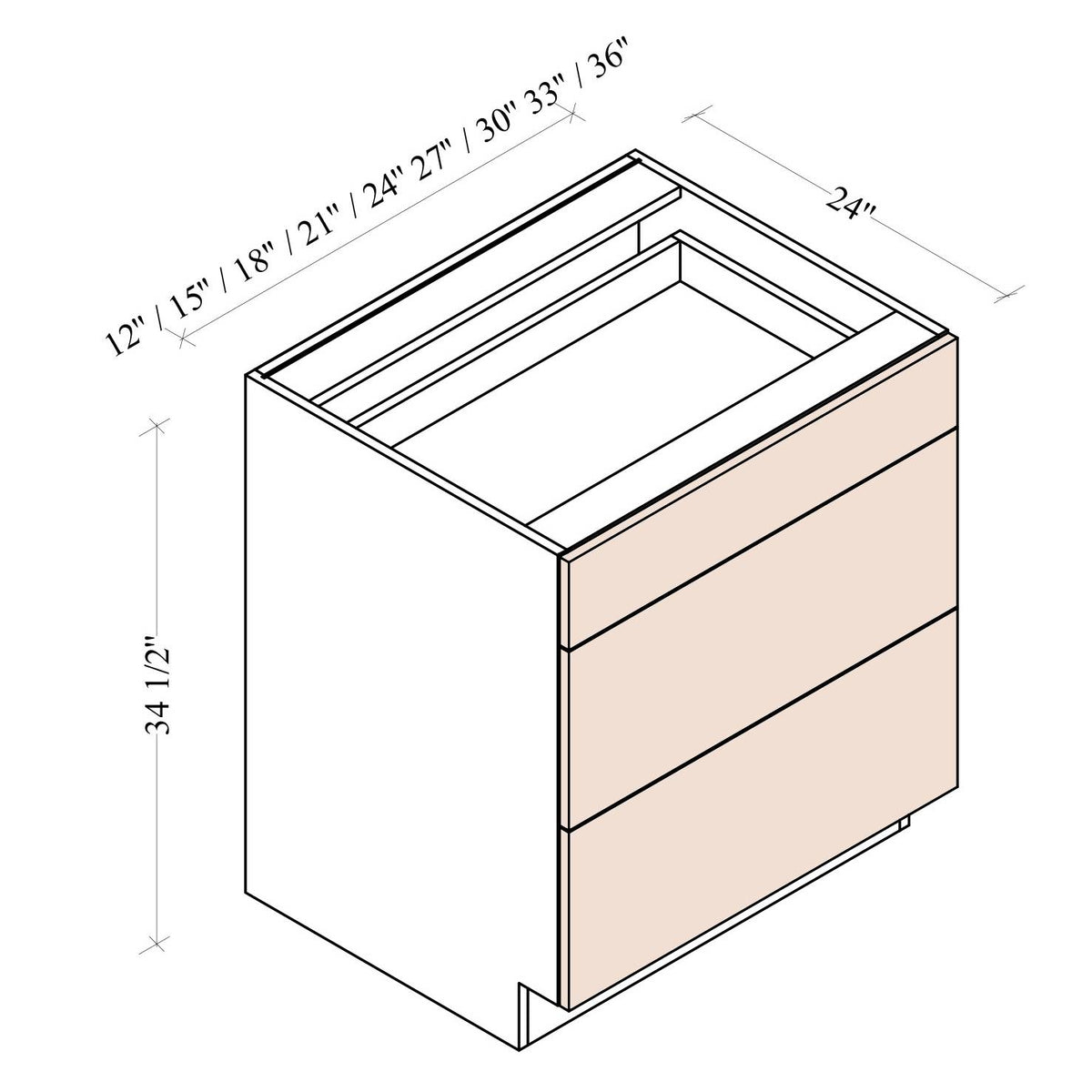 3 Drawer Base Cabinet - Coastal Euro - dimensions drawing