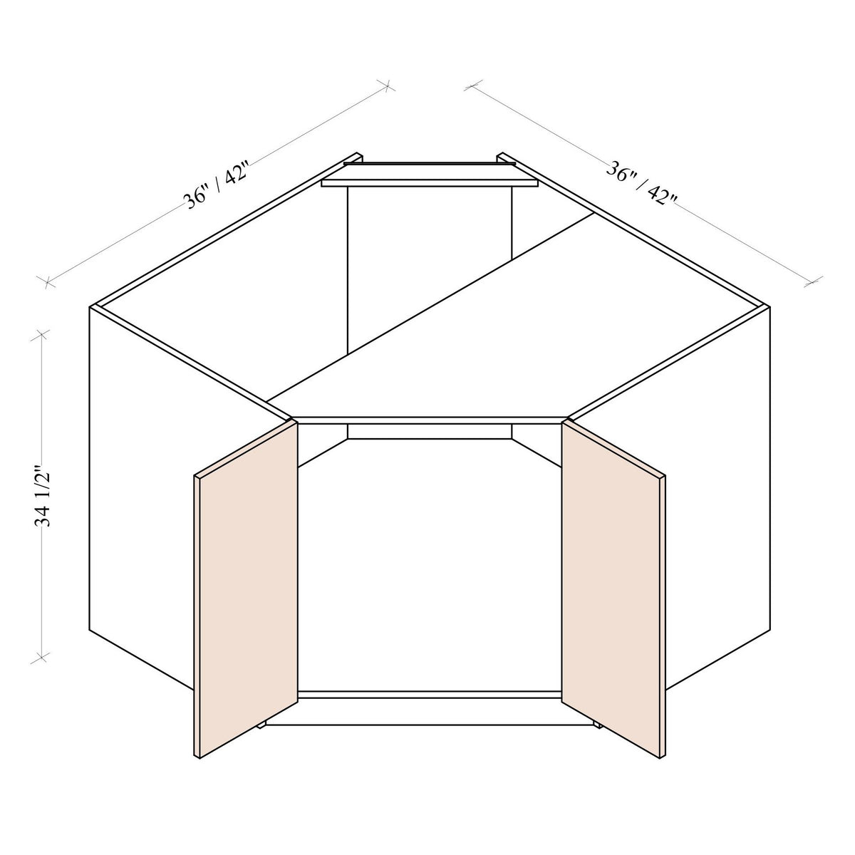 Diagonal Corner Sink Base Cabinet - Coastal Euro - dimensions drawing