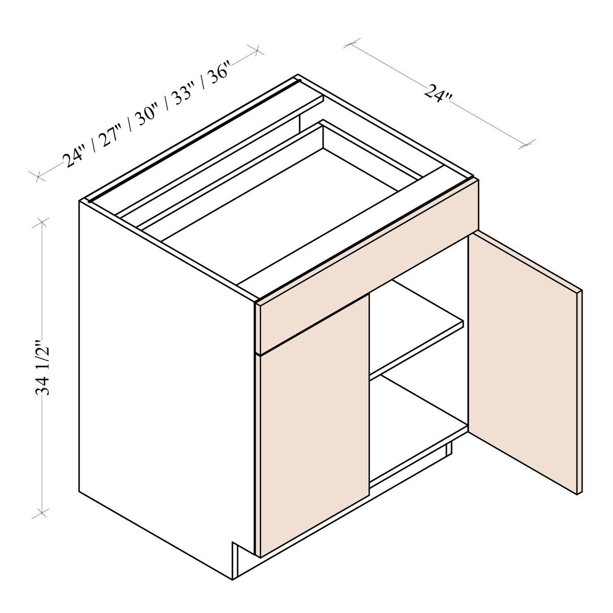 Double Door One Drawer Base Cabinet - Coastal Euro - dimensions drawing