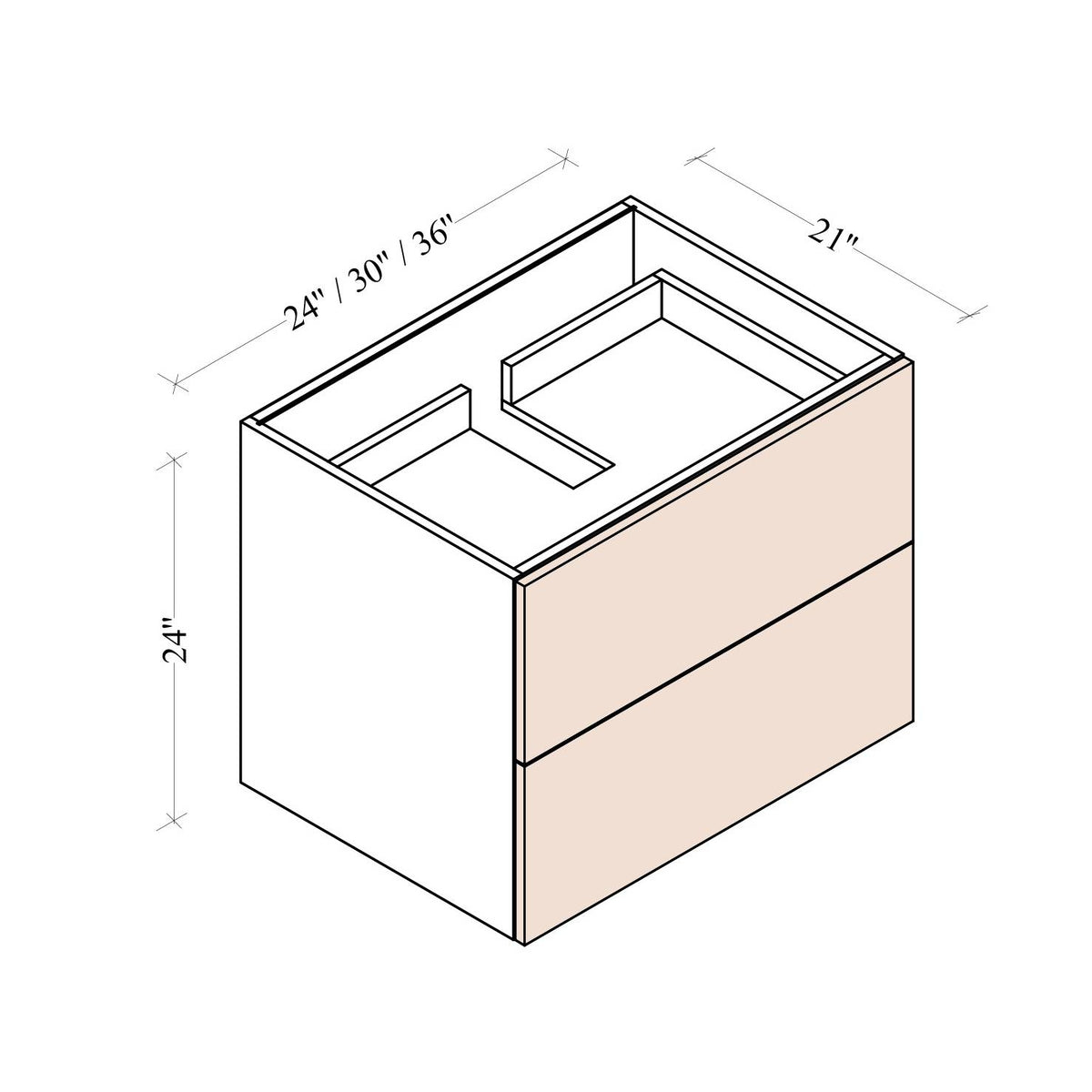 Floating Vanity Sink Drawer Base Cabinet - Coastal Euro - dimensions drawing