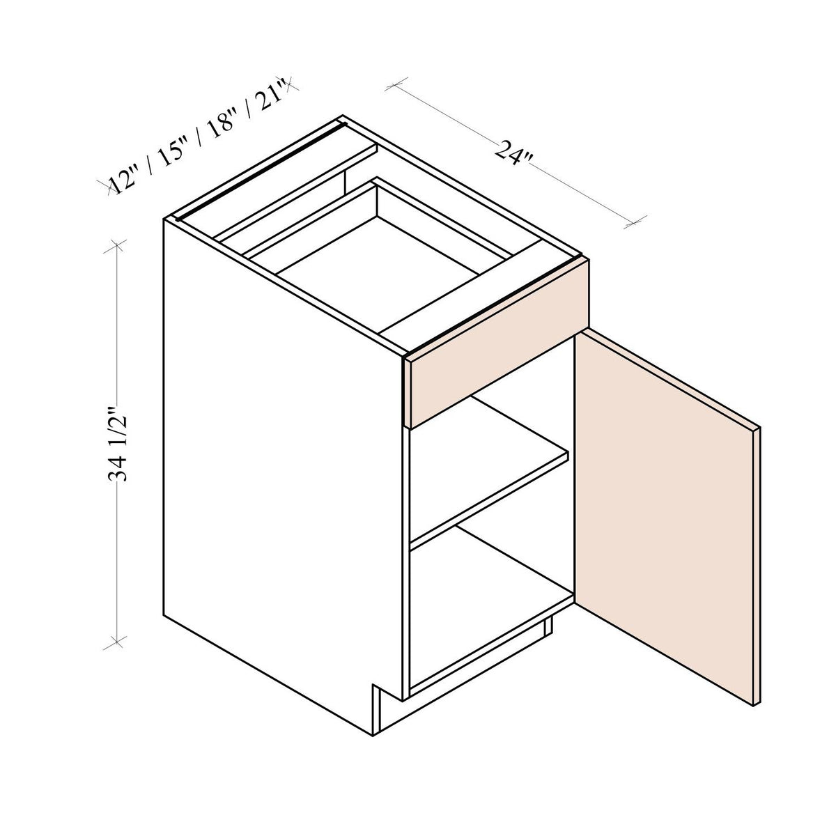 One Door One Drawer Base Cabinet - Coastal Euro - dimensions drawing