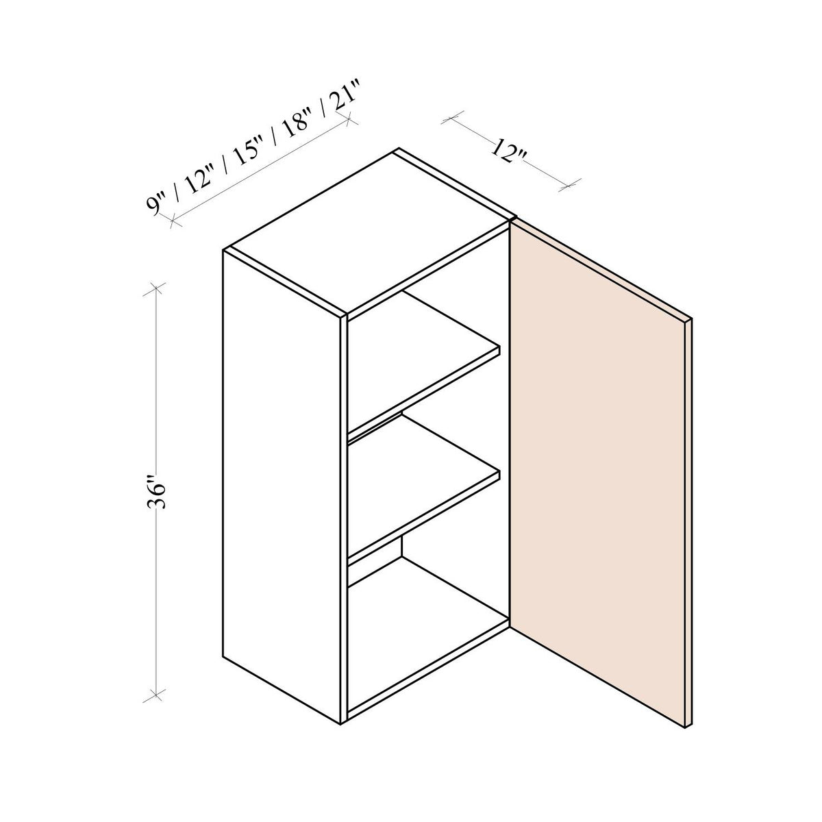 Single Door Wall Cabinet 36 inch high - Coastal Euro - dimensions drawing