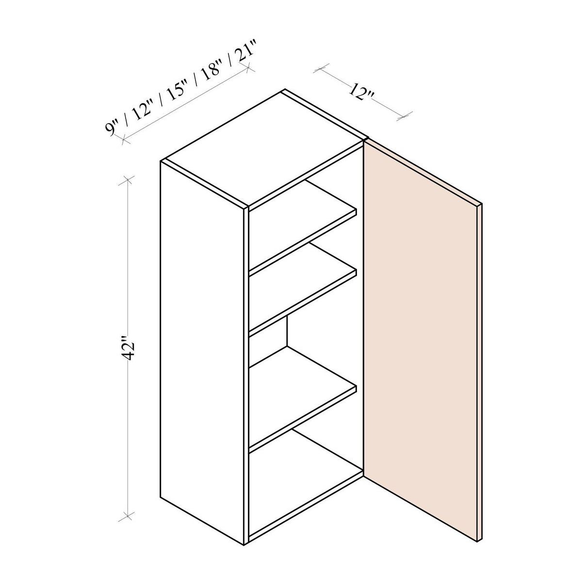 Single Door Wall Cabinet 42 inch high - Coastal Euro - dimensions drawing