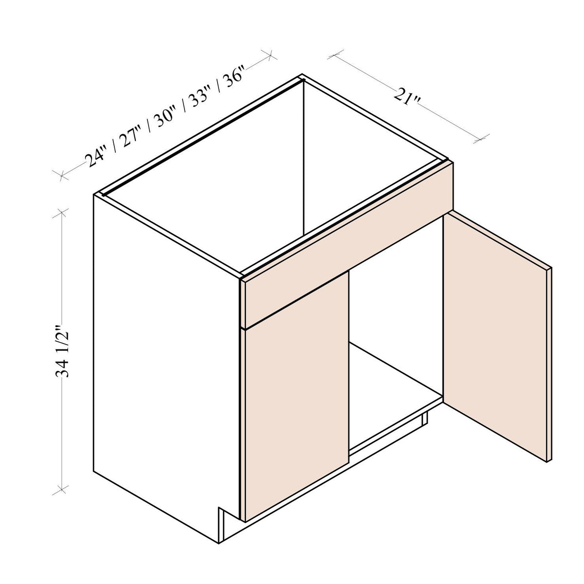 Vanity Sink Base Cabinet - Coastal Euro - dimensions drawing