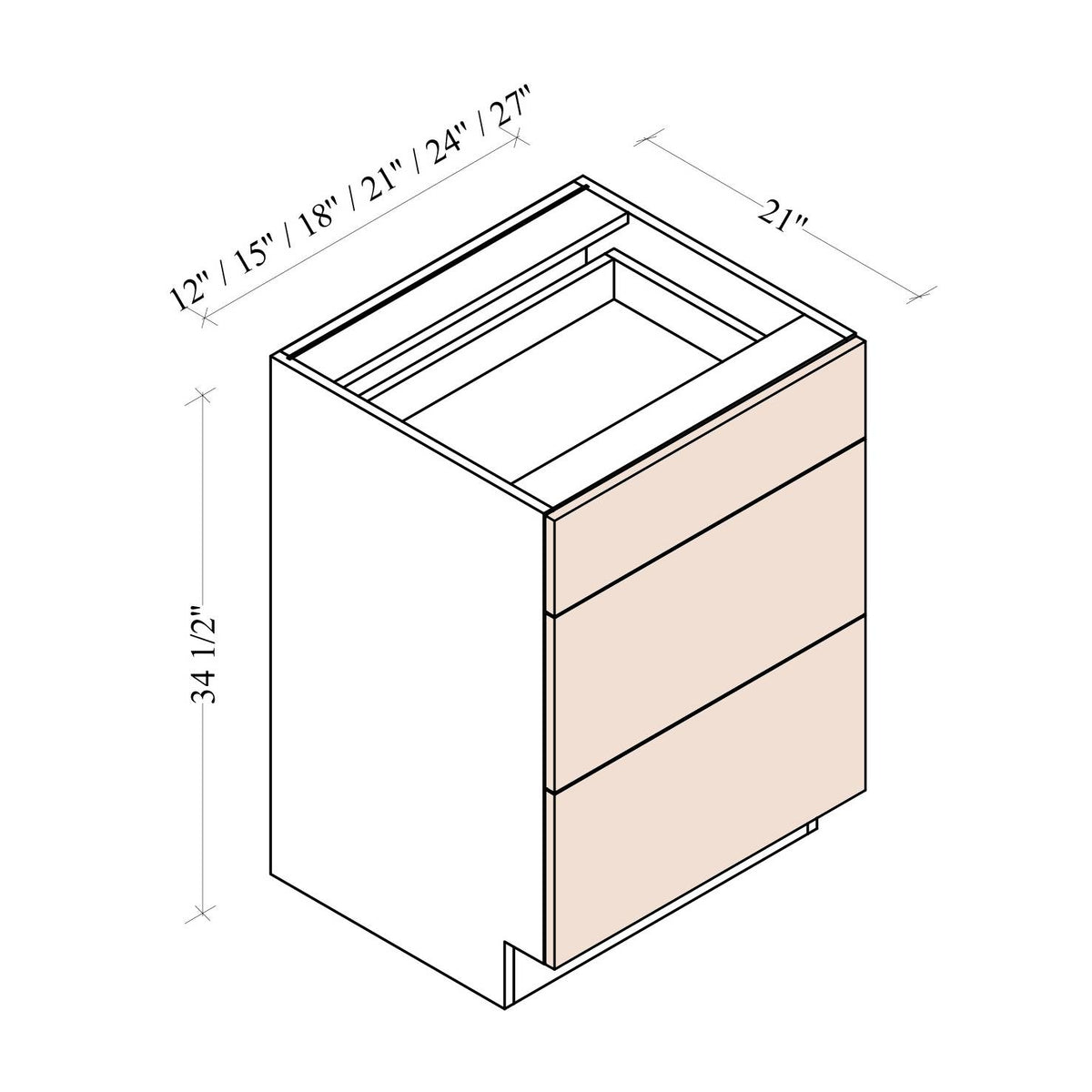 Vanity Three Drawer Base Cabinet - Coastal Euro - dimensions drawing