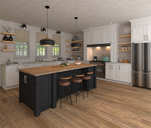 Coastal Shaker White kitchen with Charcoal Black island - Cabinet Sales Center