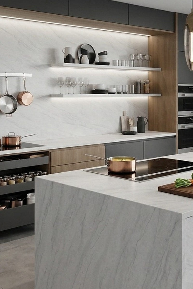 Cristallo White Printed Quartz countertops in a kitchen