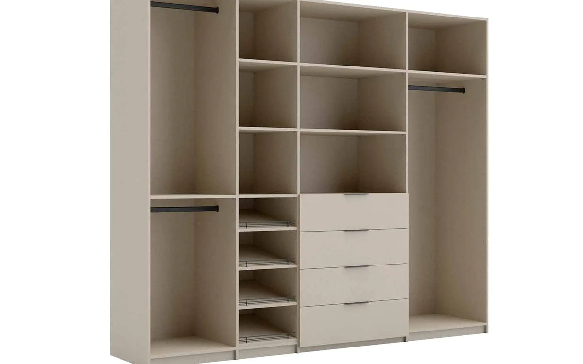 Euro Closets system with side panels, shared panels, shelves, drawers and hanging