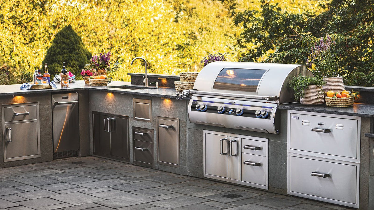 Fire Magic built-in grill in an outdoor kitchen island