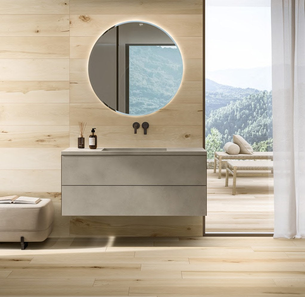 Heritage Sospiro wood-look porcelain tile bathroom