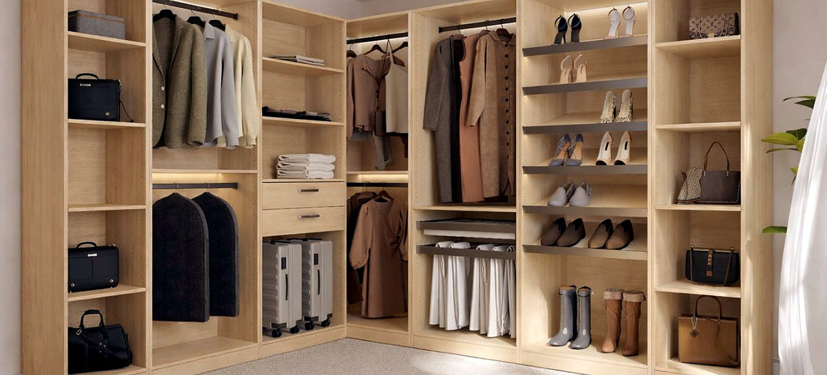 Modern Closets L-shaped walk-in closet in light wood with open shelving and hanging