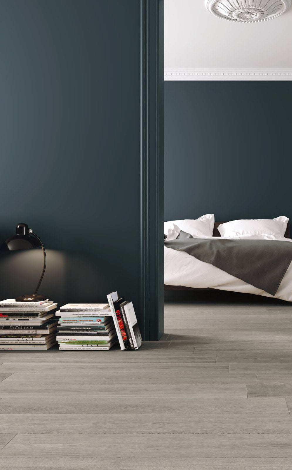 Nativo Cenere wood-look porcelain tile bedroom