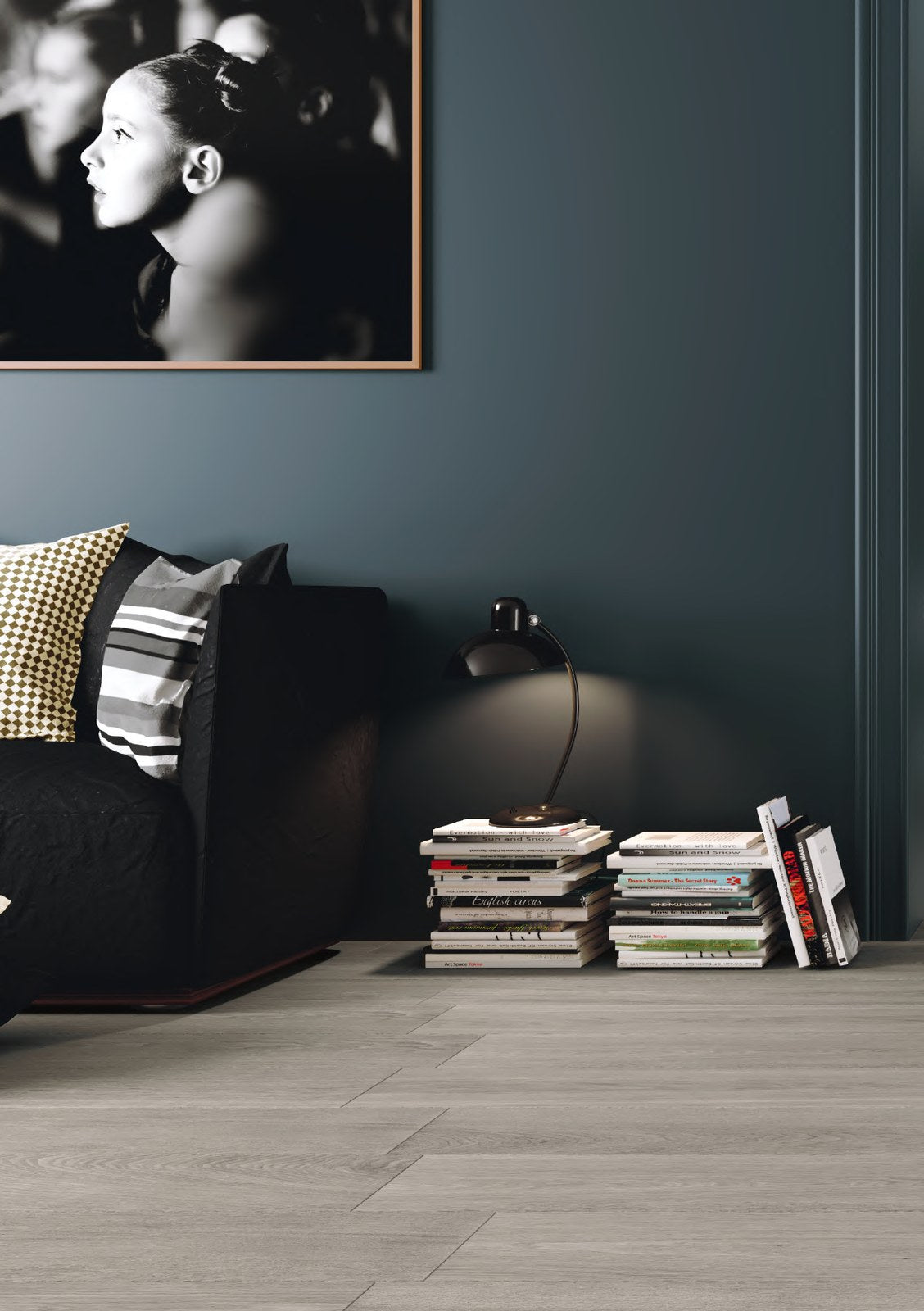 Nativo Cenere wood-look porcelain tile living room