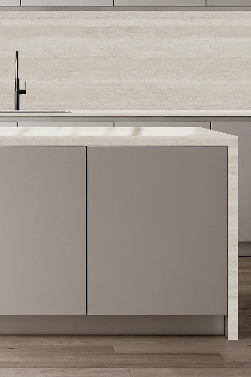 Nova Travertine Printed Quartz countertops in a kitchen