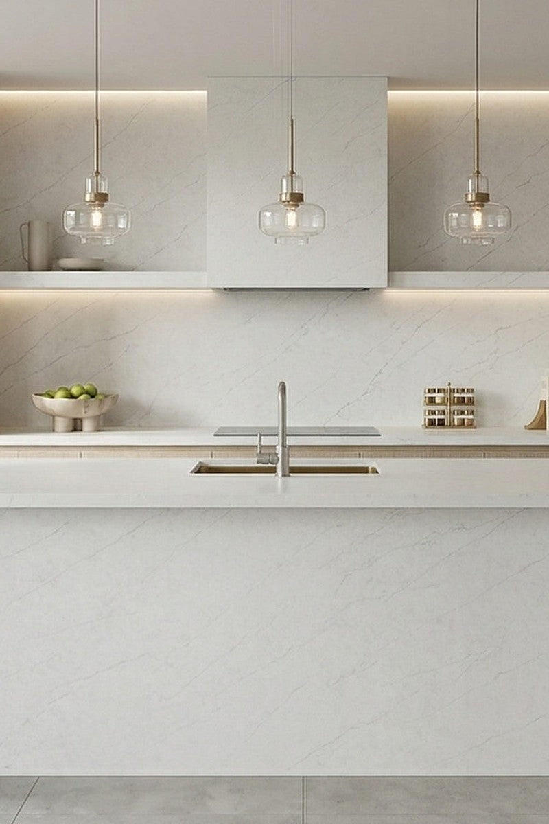Organic White Quartz countertops in a kitchen