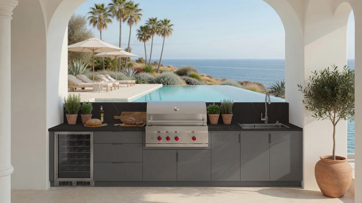 Outdoor kitchen cabinets in Gris Plomo with a dark countertop