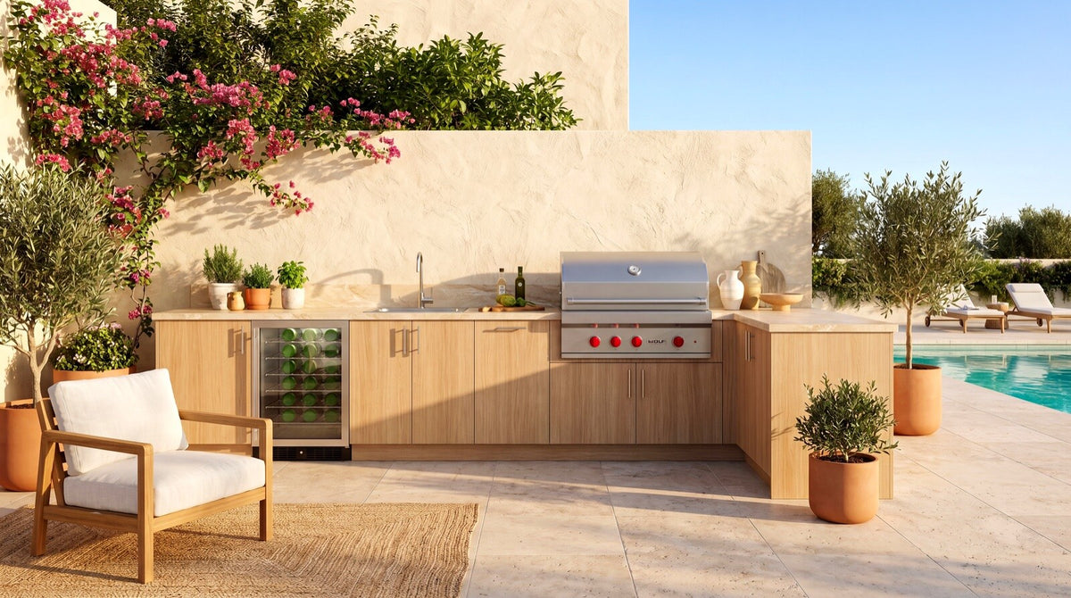 Outdoor kitchen cabinets in a light wood finish with a stainless grill on a covered patio
