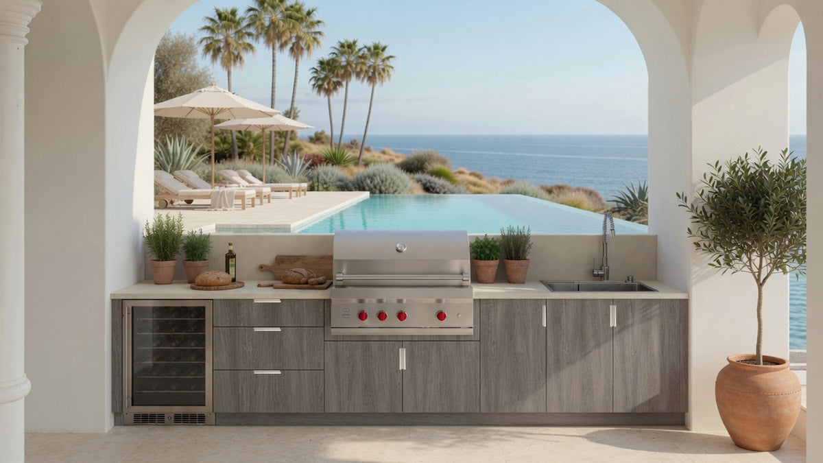 Outdoor kitchen cabinets in Muratti 1 wood-grain with a light countertop