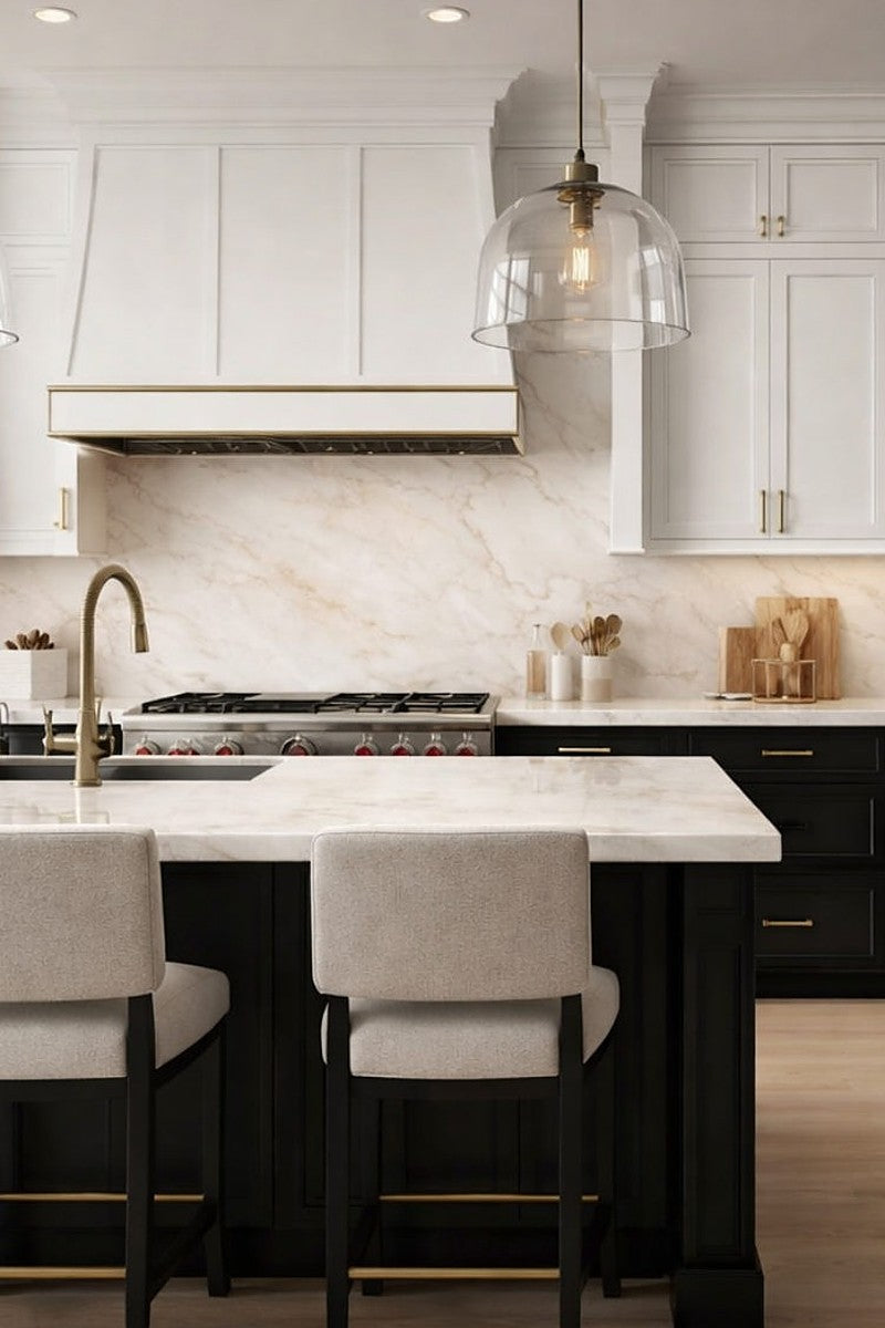 Perla Taj Printed Quartz countertops in a kitchen