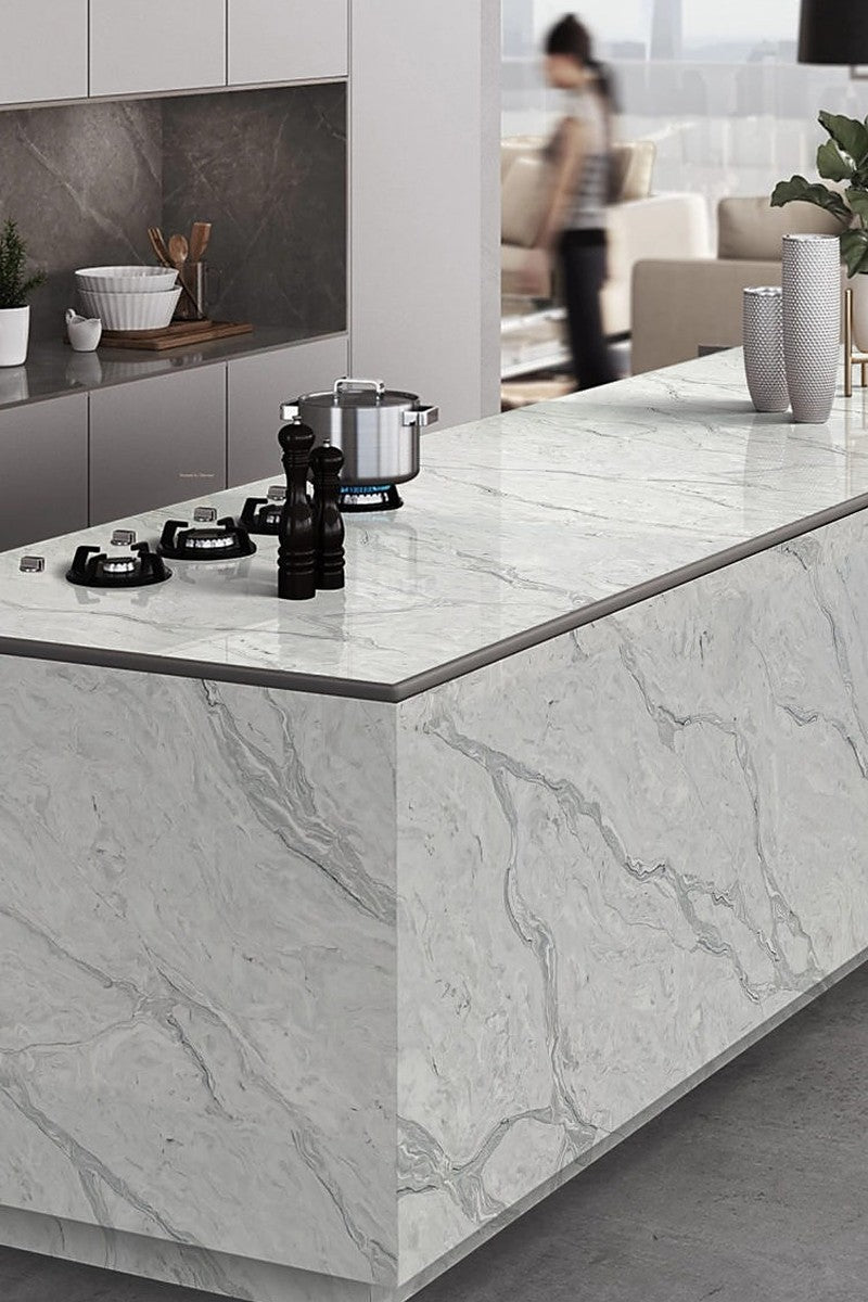 Perla Venato Quartz countertops in a kitchen
