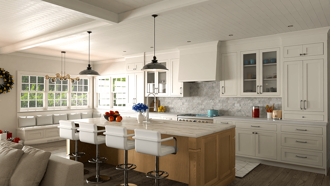 Reserve Inset framed inset kitchen in Reserve Inset White with Natural Oak island