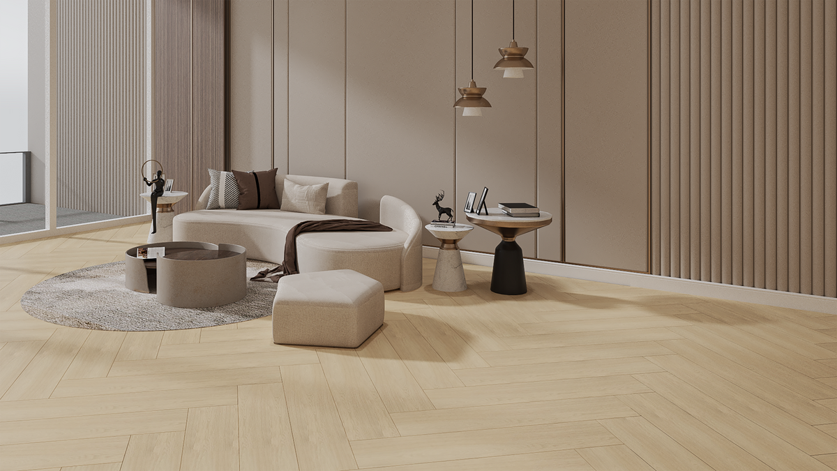 Ribadao Fra-Grance Royal Oak Herringbone engineered hardwood flooring room scene