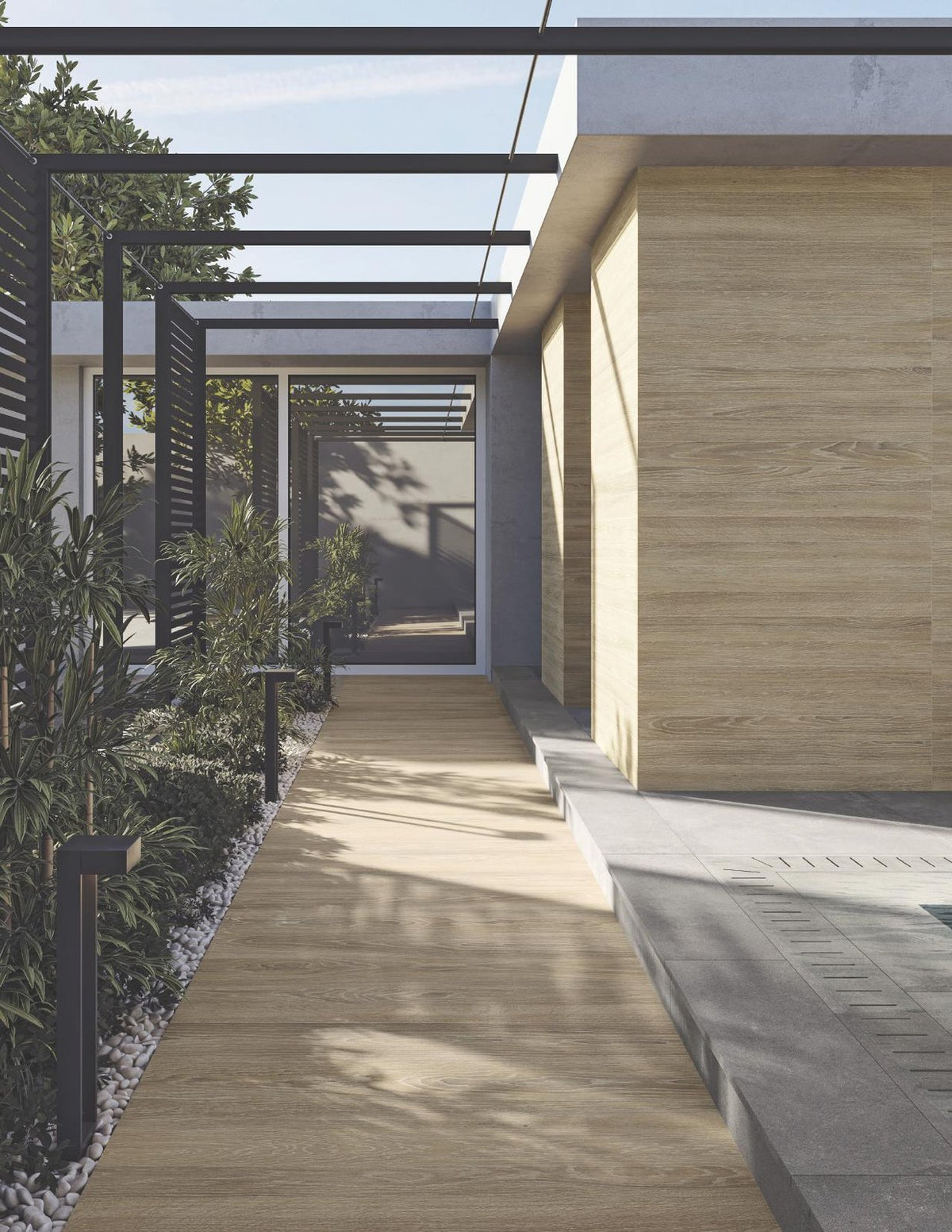 Ridgeline wood-look porcelain tile outdoor courtyard