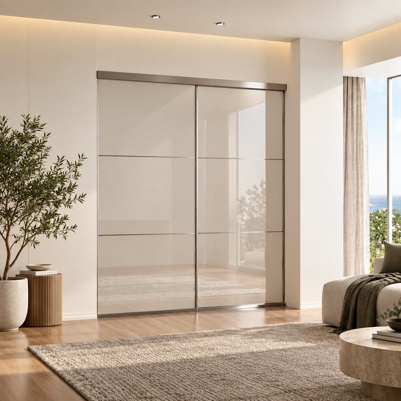 Sliding closet doors with aluminum frame and glass panels