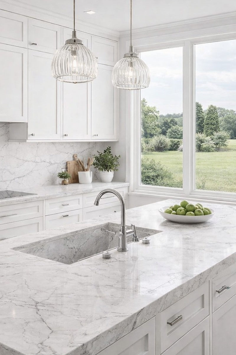 Super Blanco Printed Quartz countertops in a kitchen
