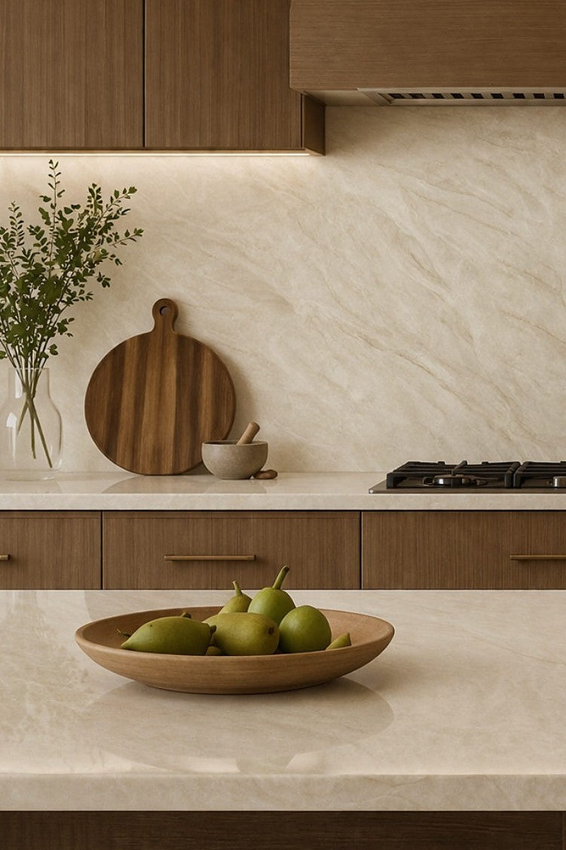 Taj Mahal Printed Quartz countertops in a kitchen