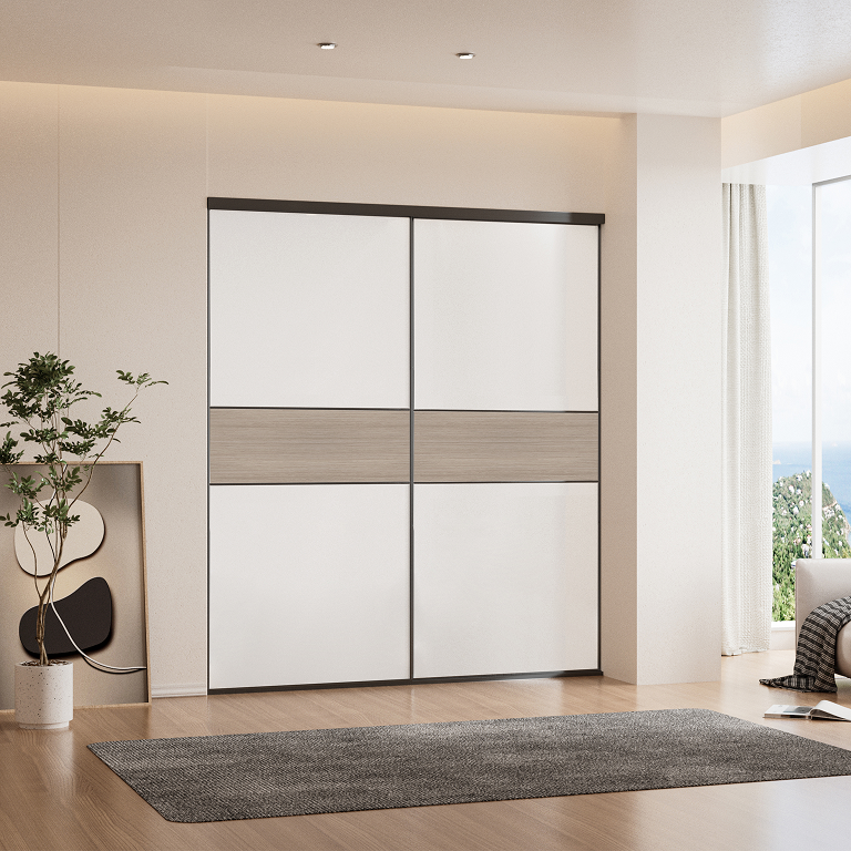Two-tone white and wood-grain sliding closet doors in a bedroom