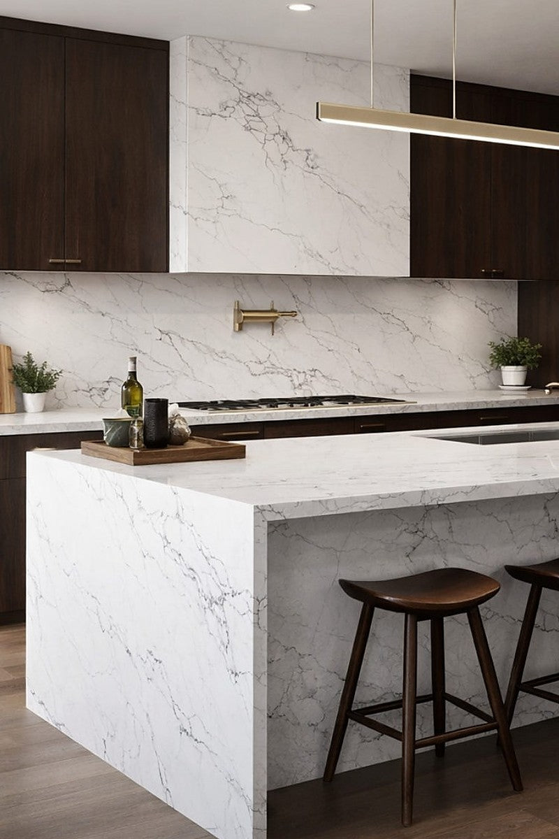 Venatino White Quartz countertops in a kitchen